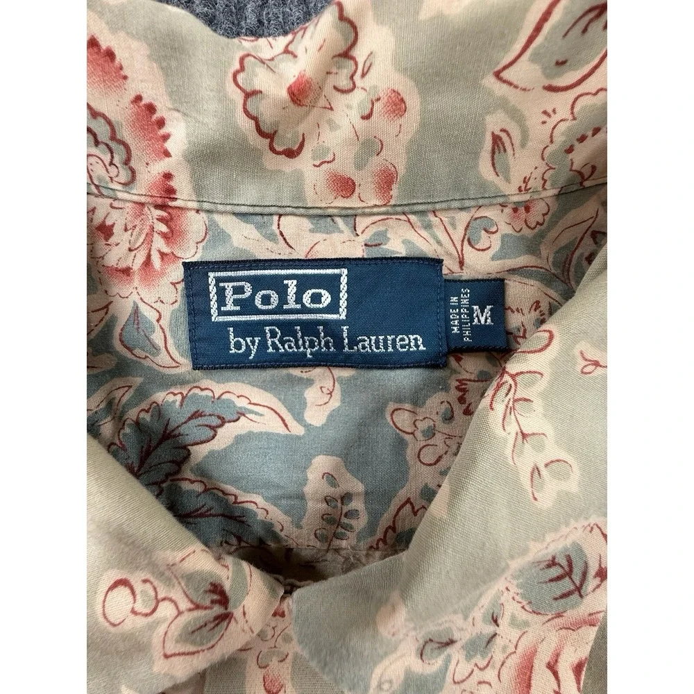 Polo Ralph Lauren Shirt Mens Medium Blue Floral Roses Short Sleeve Button Up VTG